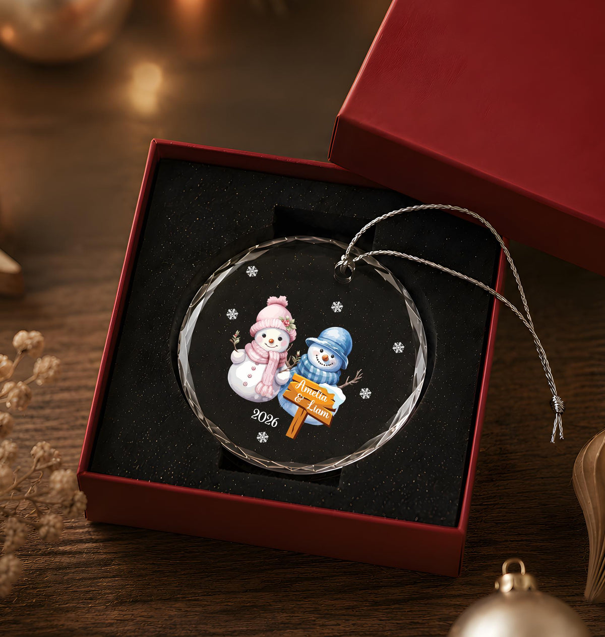 Personalized Crystal Snowmen Christmas Ornament, Couple Keepsake