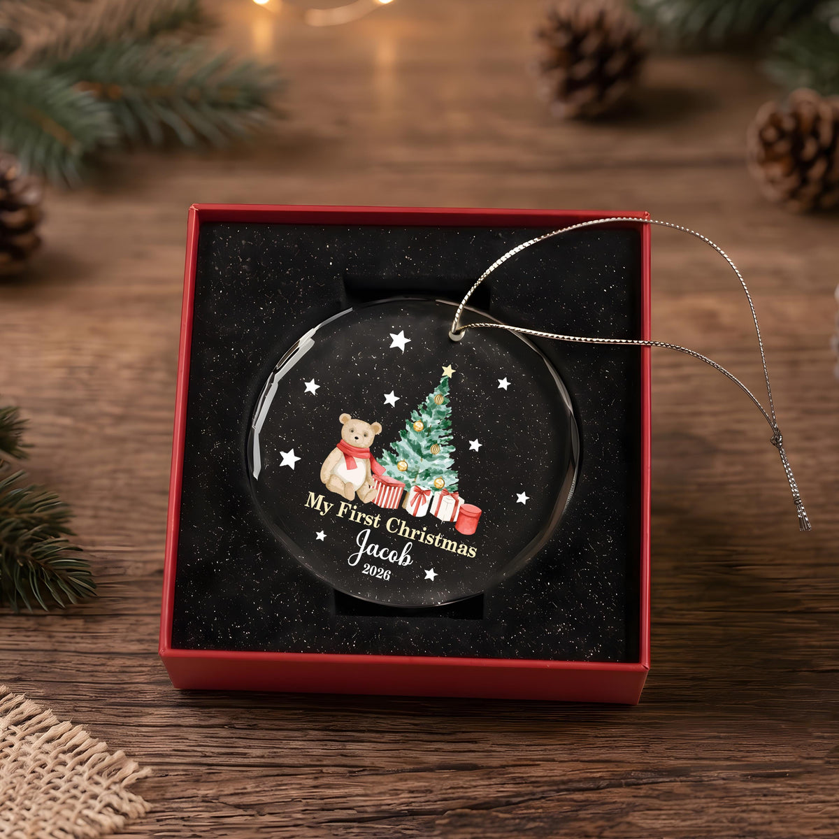 Personalized My First Christmas Glass Ornament, Teddy Bear Baby Keepsake