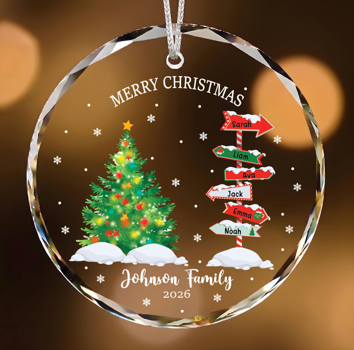 Custom Family Signpost Crystal Glass Christmas Ornament, Personalized Keepsake