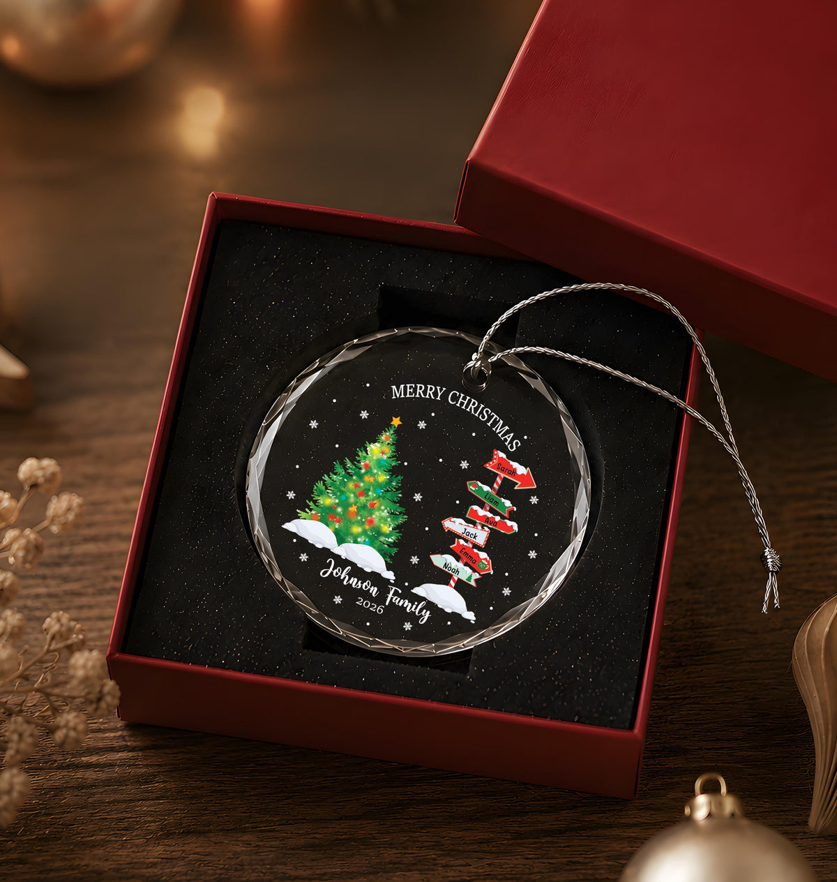 Custom Family Signpost Crystal Glass Christmas Ornament, Personalized Keepsake