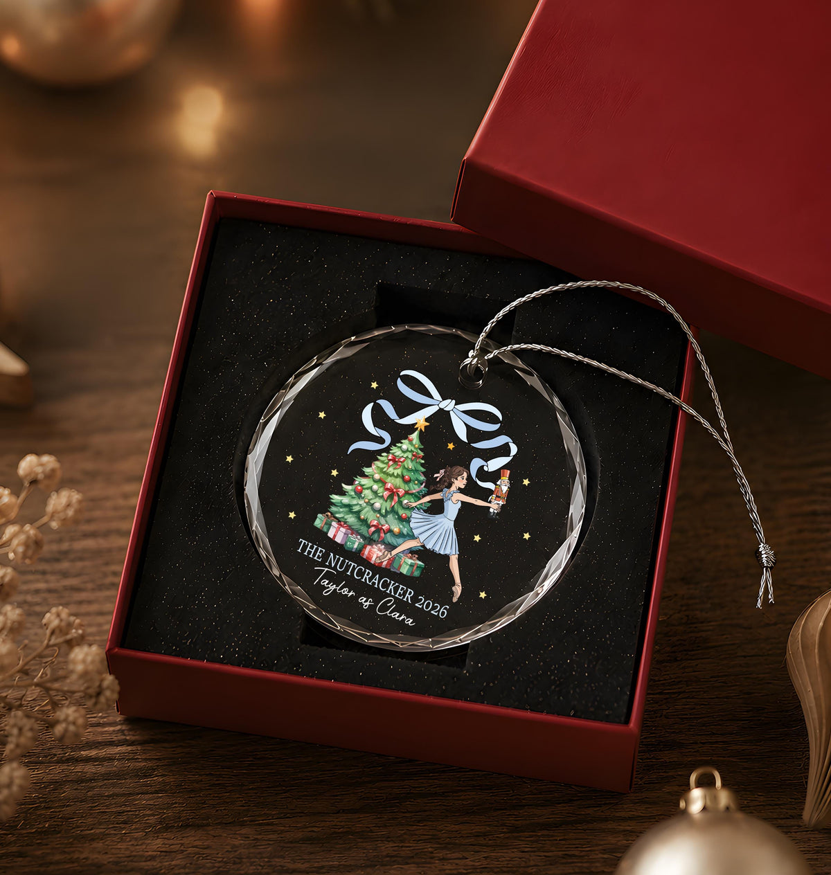 Custom Name Nutcracker Ballet Christmas Ornament, Round Crystal Glass Keepsake
