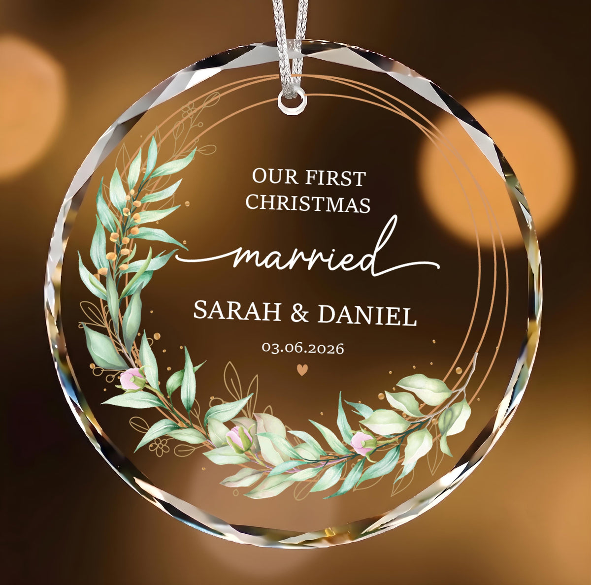 Custom Crystal Glass Our First Christmas Married Ornament, Greenery Keepsake