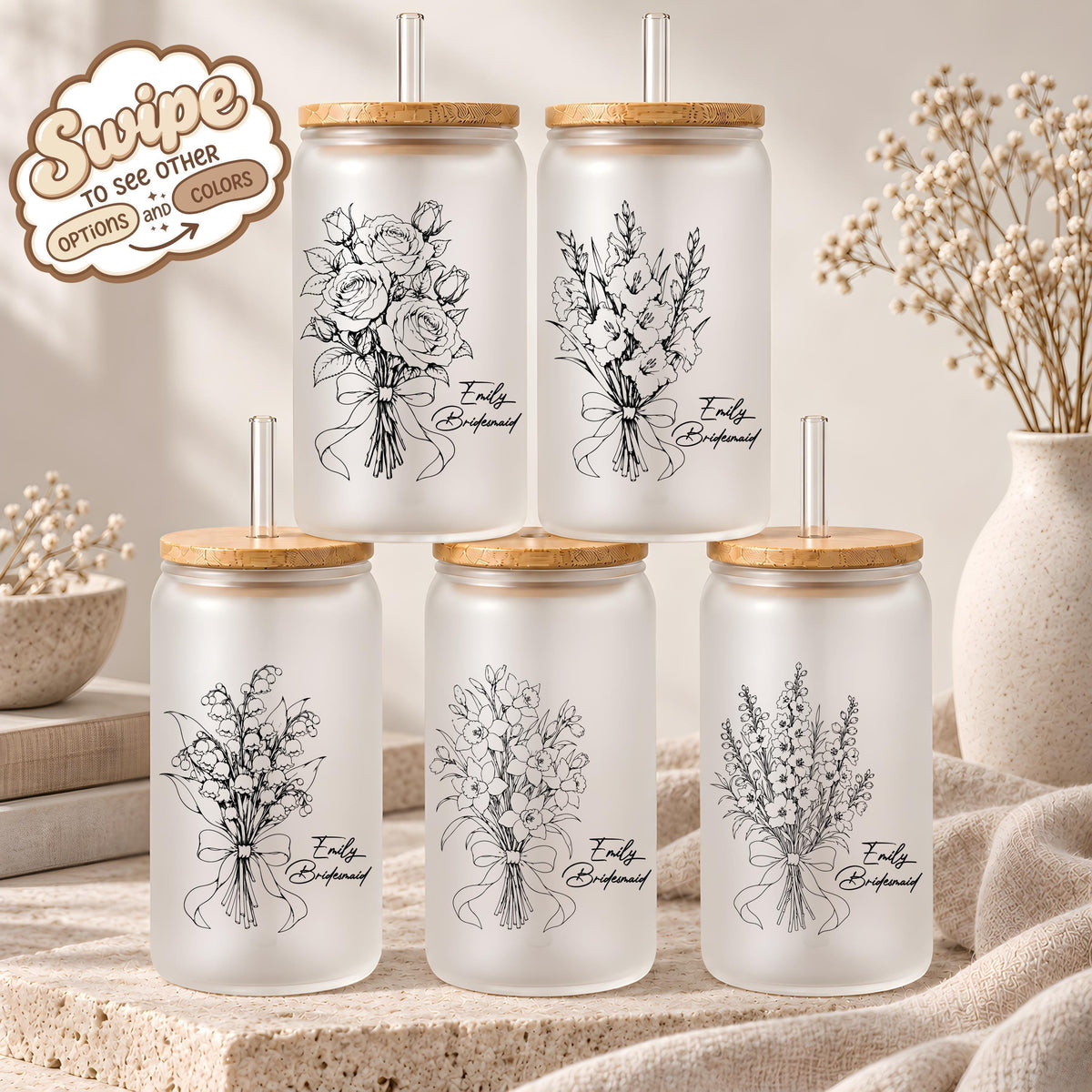 Personalized Birth Month Flower Bridesmaid Glass Can Cup, Line Art Bouquet Tumbler