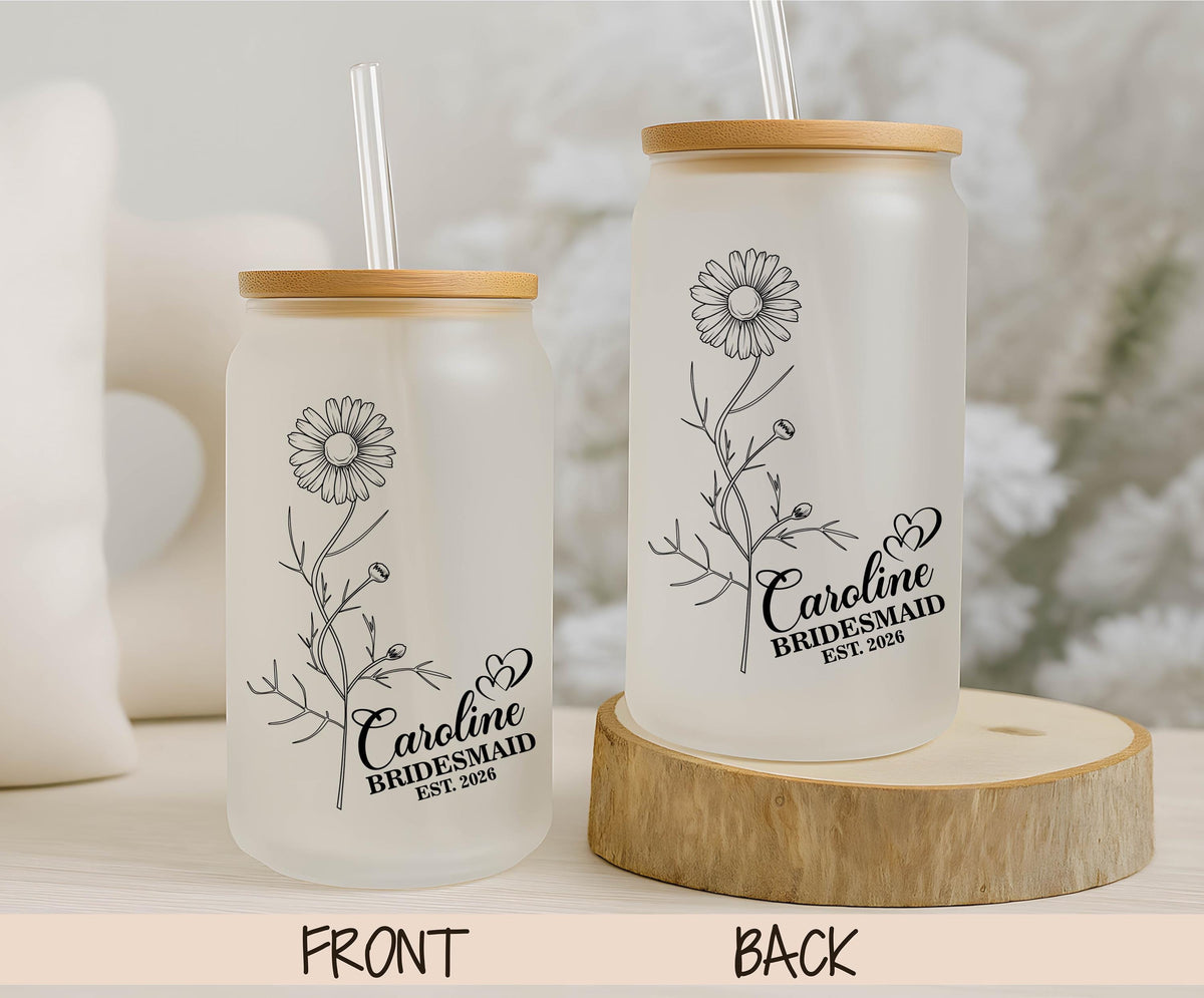 Custom Line Art Birth Flower Iced Coffee Tumbler, Personalized Bridesmaid Can Glass Cup