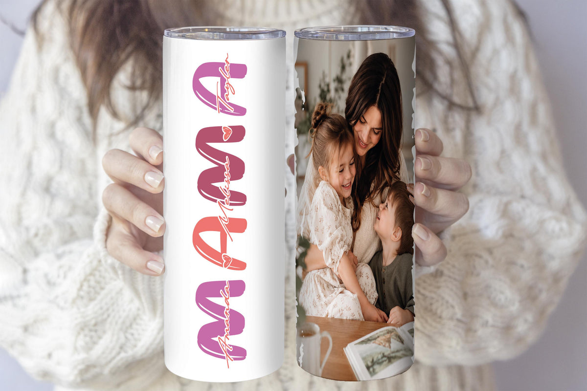 Personalized Photo Mama Tumbler, Custom Kids Name Stainless Steel Travel Mug, Unique Mothers Day Present Idea Cup Insulated Birthday Gift