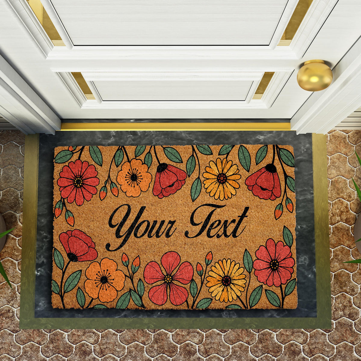 Custom Text Wildflower Doormat, Personalized Colorful Floral Entryway Rug, Unique Botanical Welcome Floor Mat, Boho Housewarming Present