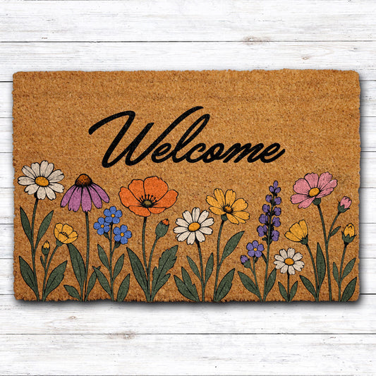 Personalized Botanical Welcome Mat, Custom Wildflower Meadow Doormat, Unique Colorful Boho Entryway Rug, Spring New Home Decor Gift