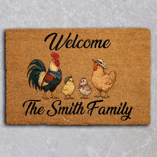 Personalized Chicken Family Coir Doormat, Custom Name Farmhouse Welcome Mat, Unique Rooster Hen Country Home Decor, Housewarming Gift Idea