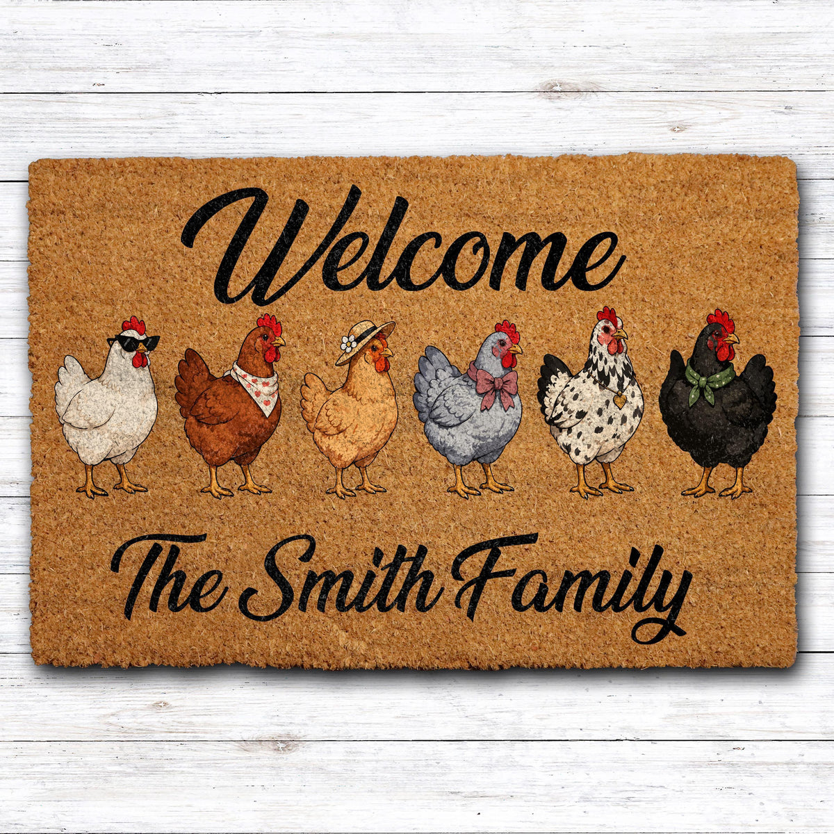 Personalized Chicken Family Coir Doormat, Custom Name Farmhouse Welcome Mat, Unique Rooster Hen Country Home Decor, Housewarming Gift Idea