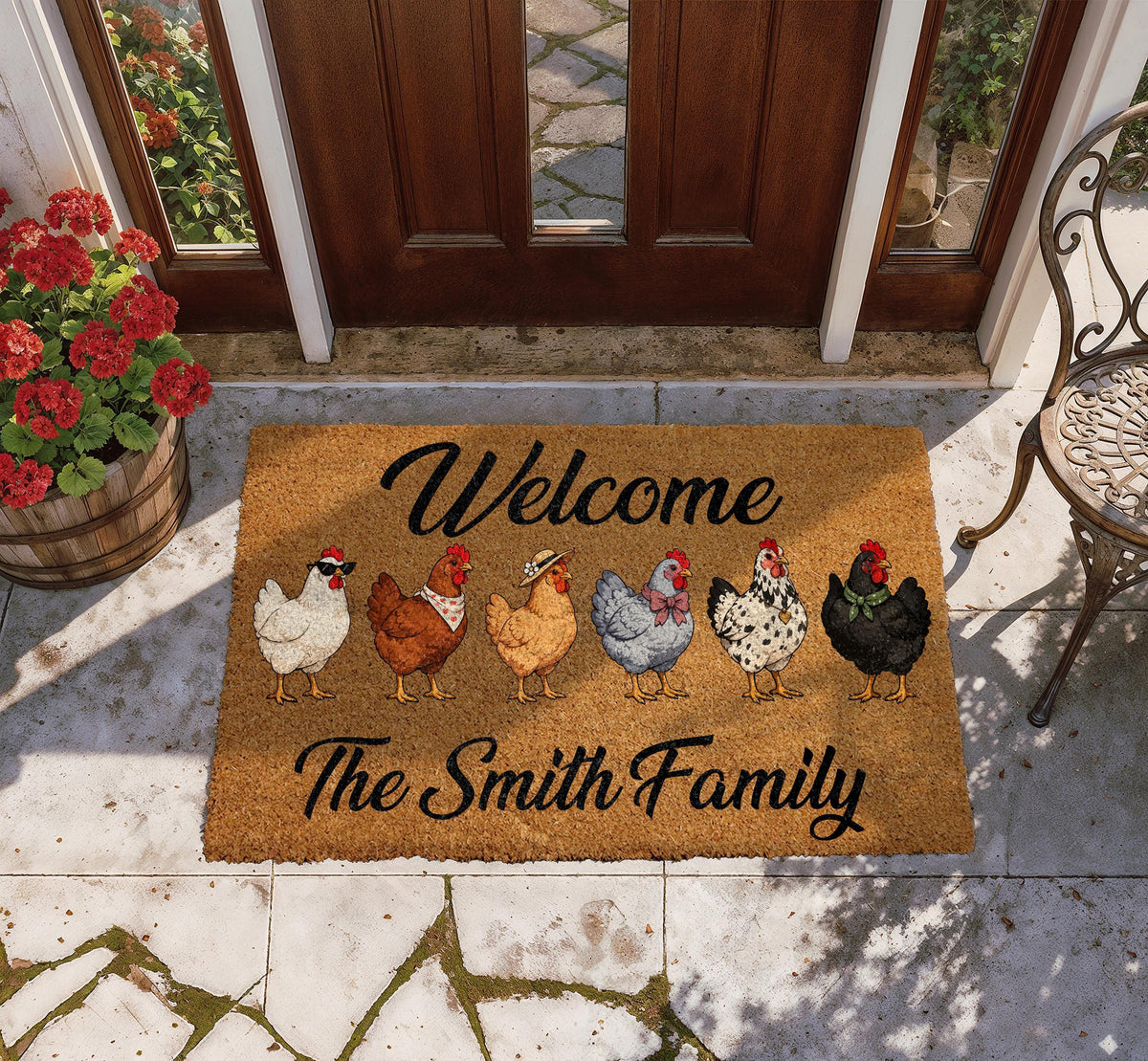 Personalized Chicken Family Coir Doormat, Custom Name Farmhouse Welcome Mat, Unique Rooster Hen Country Home Decor, Housewarming Gift Idea