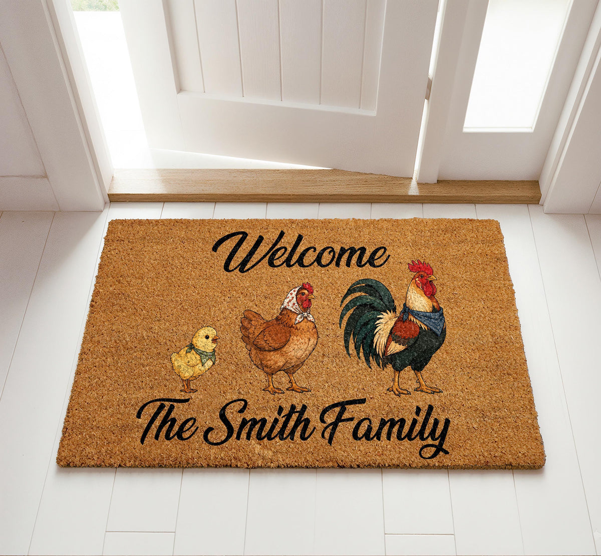 Personalized Chicken Family Coir Doormat, Custom Name Farmhouse Welcome Mat, Unique Rooster Hen Country Home Decor, Housewarming Gift Idea