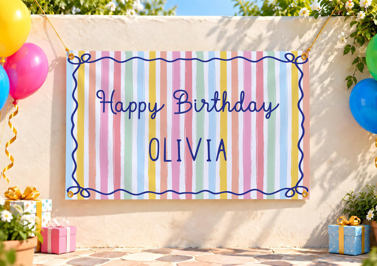 Pastel Rainbow Birthday Banner, Personalized Striped Backdrop, Custom Colorful Party Sign, Girls Birthday Decor
