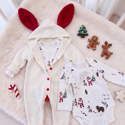 Christmas Rabbit Romper with Ears, Knitted Baby Hooded Romper Set