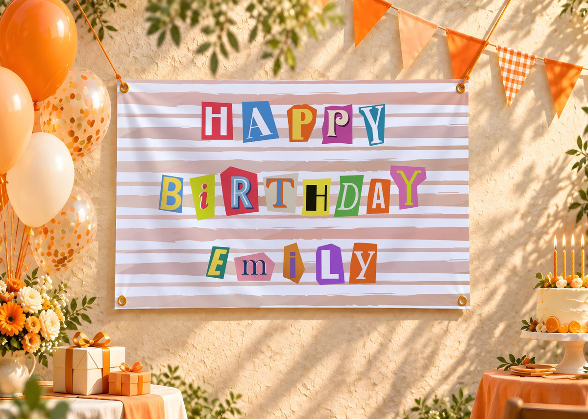 Ransom Note Birthday Banner, Custom Cutout Letter Sign, Magazine Letter Backdrop, Pastel Striped Party Tapestry
