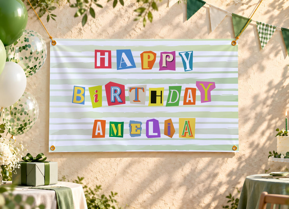 Ransom Note Birthday Banner, Custom Cutout Letter Sign, Magazine Letter Backdrop, Pastel Striped Party Tapestry
