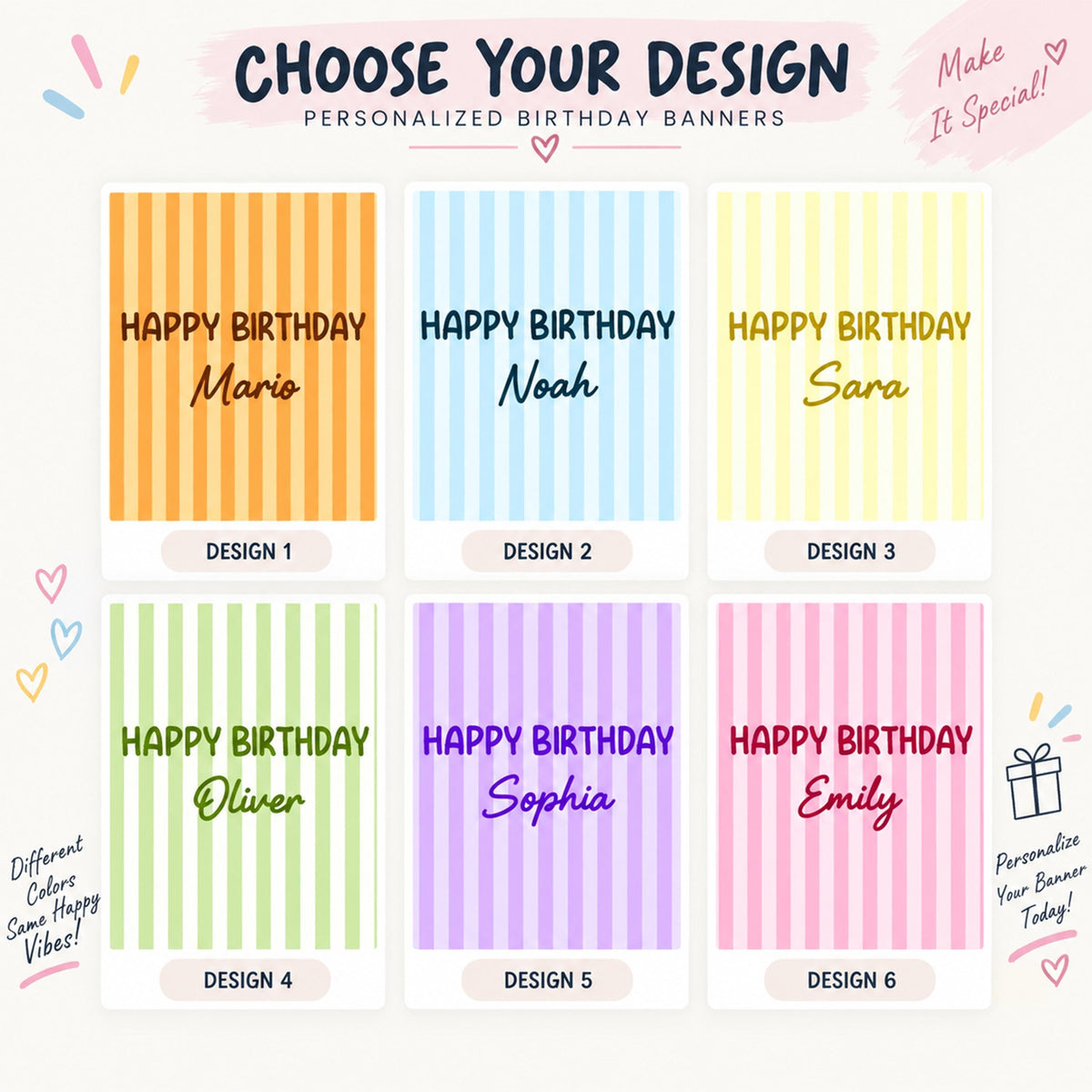 Custom Striped Birthday Banner, Personalized Pastel Party Backdrop, Choose Your Color Sign, Kids Birthday Decor