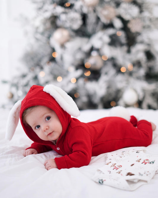 Knit Bunny Christmas Baby Romper, Hooded Newborn Holiday Outfit