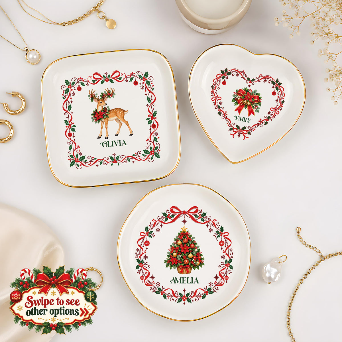 Custom Name Holiday Character Jewelry Tray, Personalized Christmas Ceramic Trinket Dish