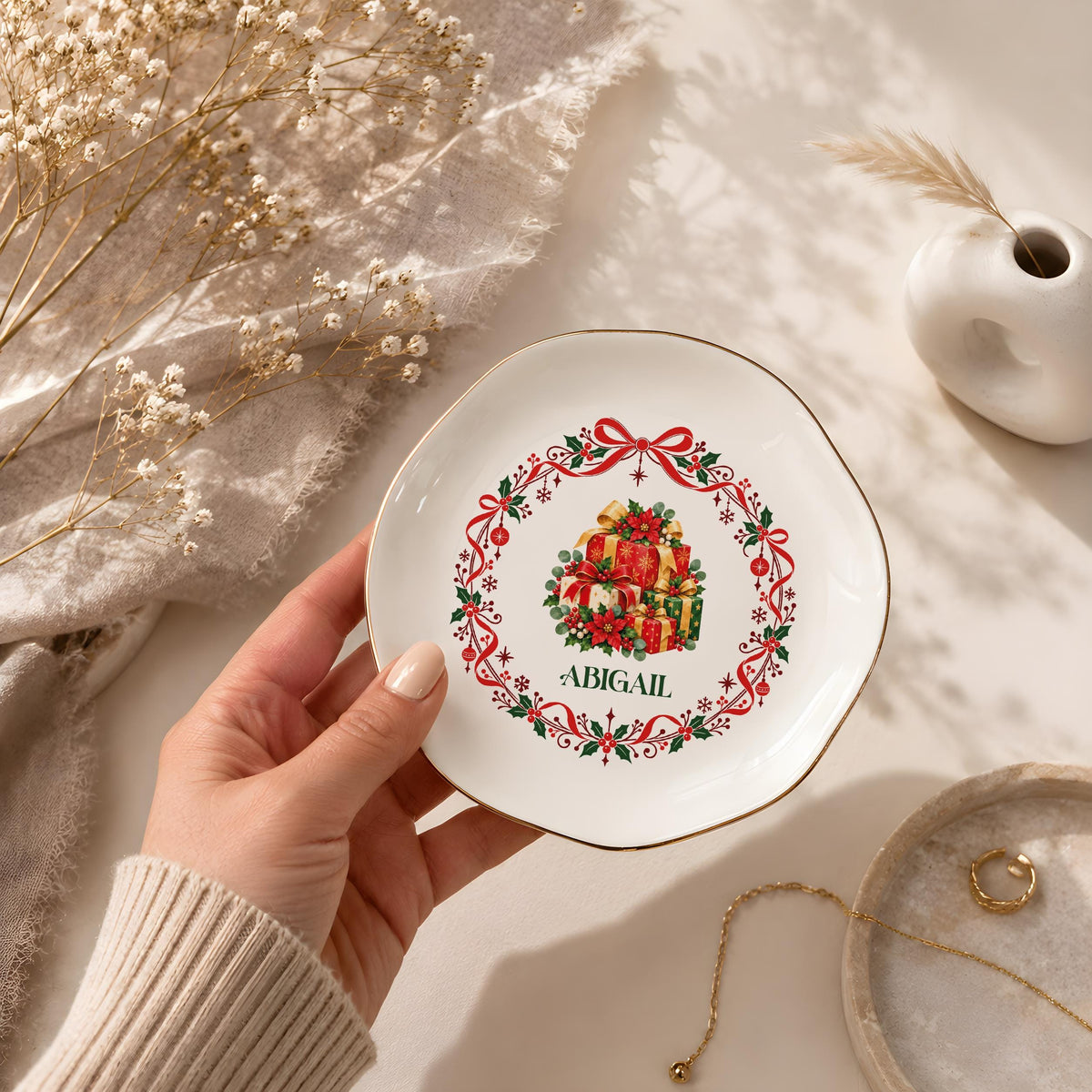 Custom Name Holiday Character Jewelry Tray, Personalized Christmas Ceramic Trinket Dish