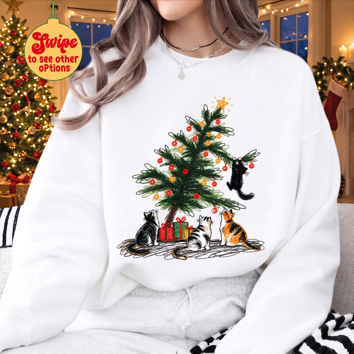 Funny Cat Christmas Tree Sweatshirt, Naughty Kitten Holiday Sweater