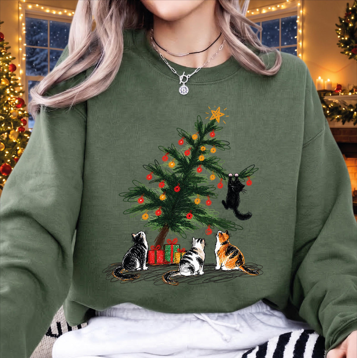 Funny Cat Christmas Tree Sweatshirt, Naughty Kitten Holiday Sweater