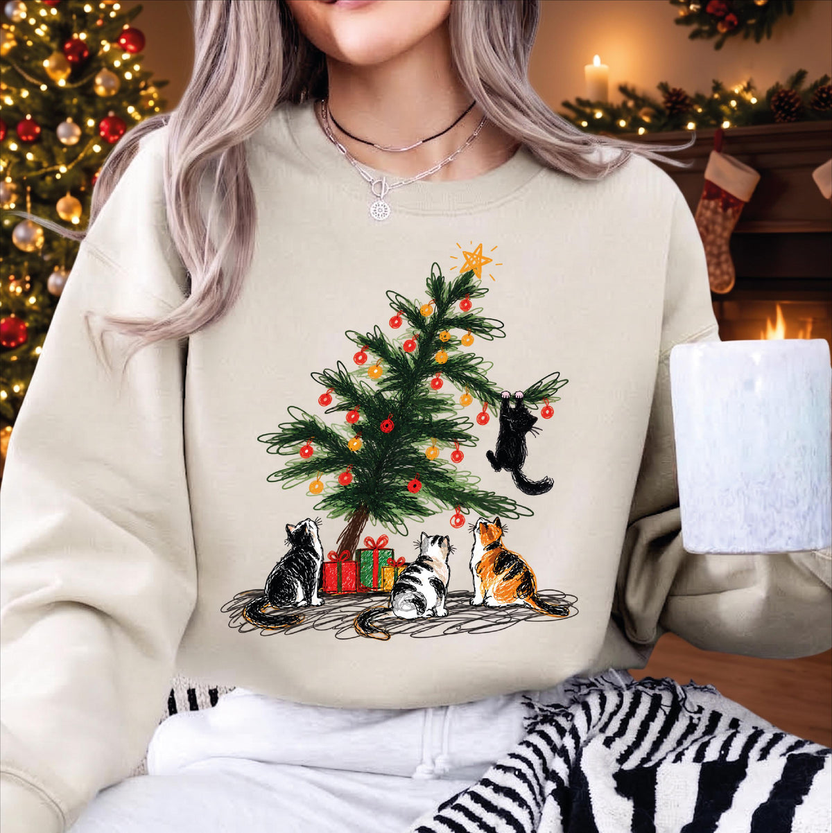 Funny Cat Christmas Tree Sweatshirt, Naughty Kitten Holiday Sweater