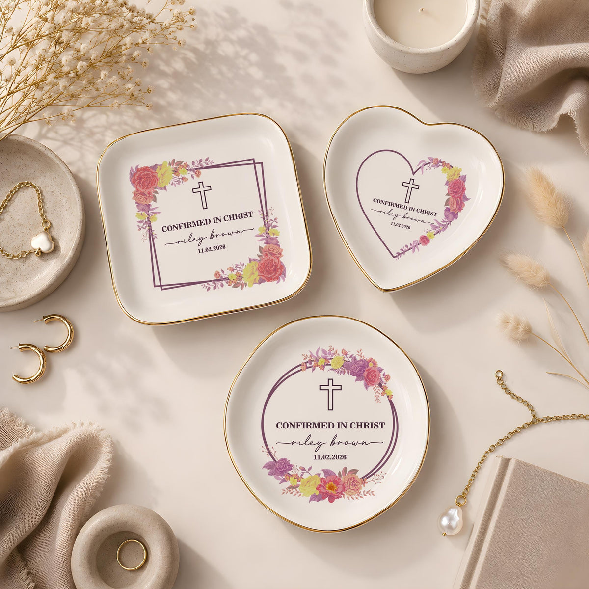 Personalized Confirmed in Christ Ring Dish, Custom Name Religious Trinket Tray