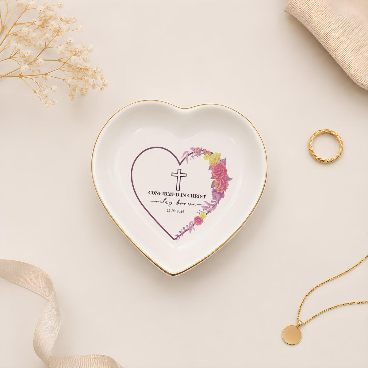 Personalized Confirmed in Christ Ring Dish, Custom Name Religious Trinket Tray