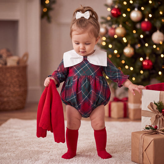 Plaid Baby Bubble Romper with Bow and Knit Cardigan, First Christmas Outfit