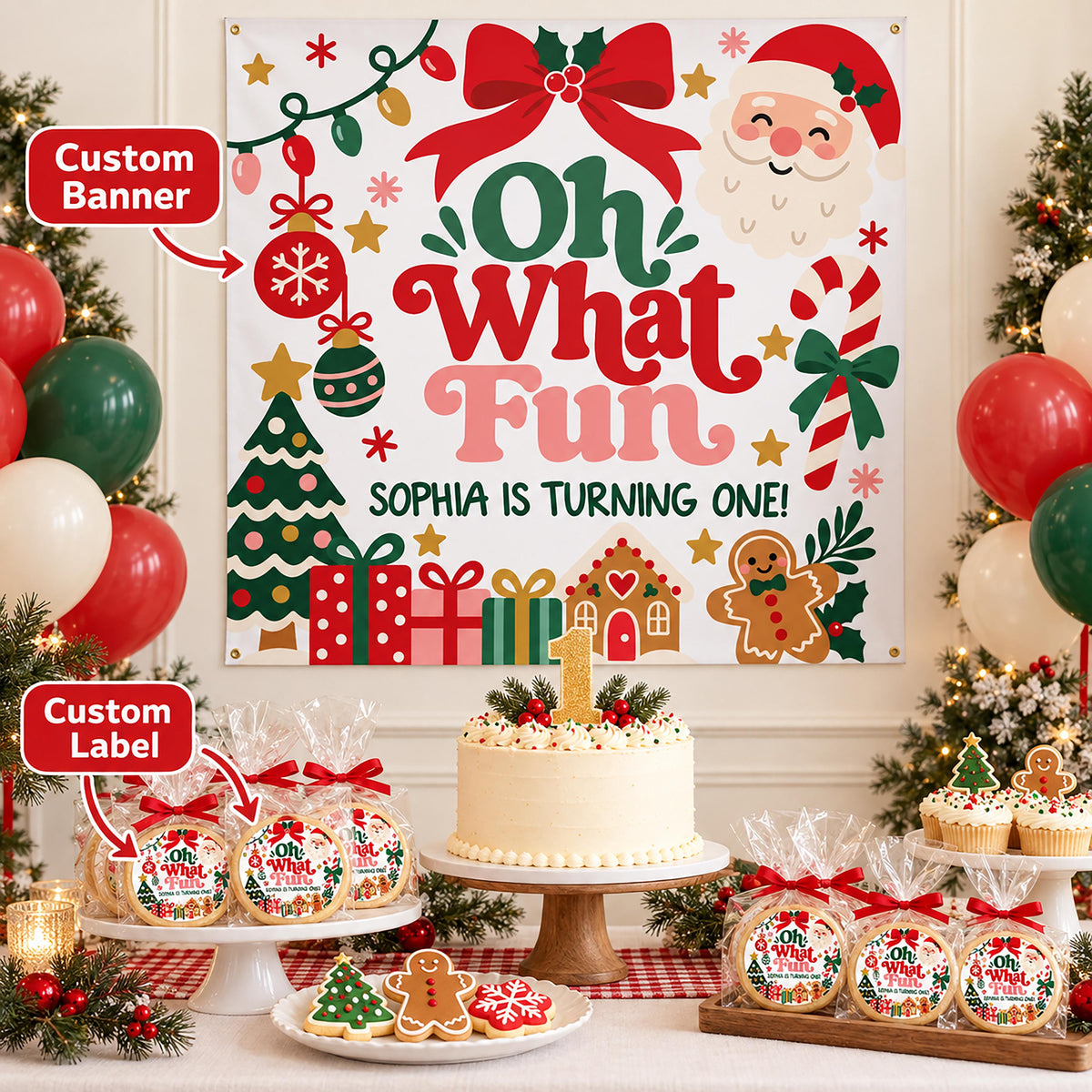 Custom Christmas Party Banner and Labels, Holiday Birthday Tapestry, Custom Favor Tags, Winter Wonderland Party Sign