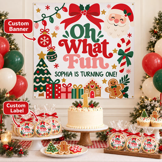 Custom Christmas Party Banner and Labels, Holiday Birthday Tapestry, Custom Favor Tags, Winter Wonderland Party Sign