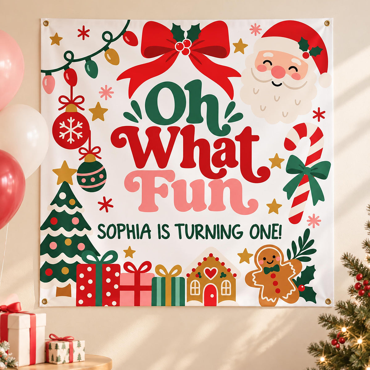 Custom Christmas Party Banner and Labels, Holiday Birthday Tapestry, Custom Favor Tags, Winter Wonderland Party Sign
