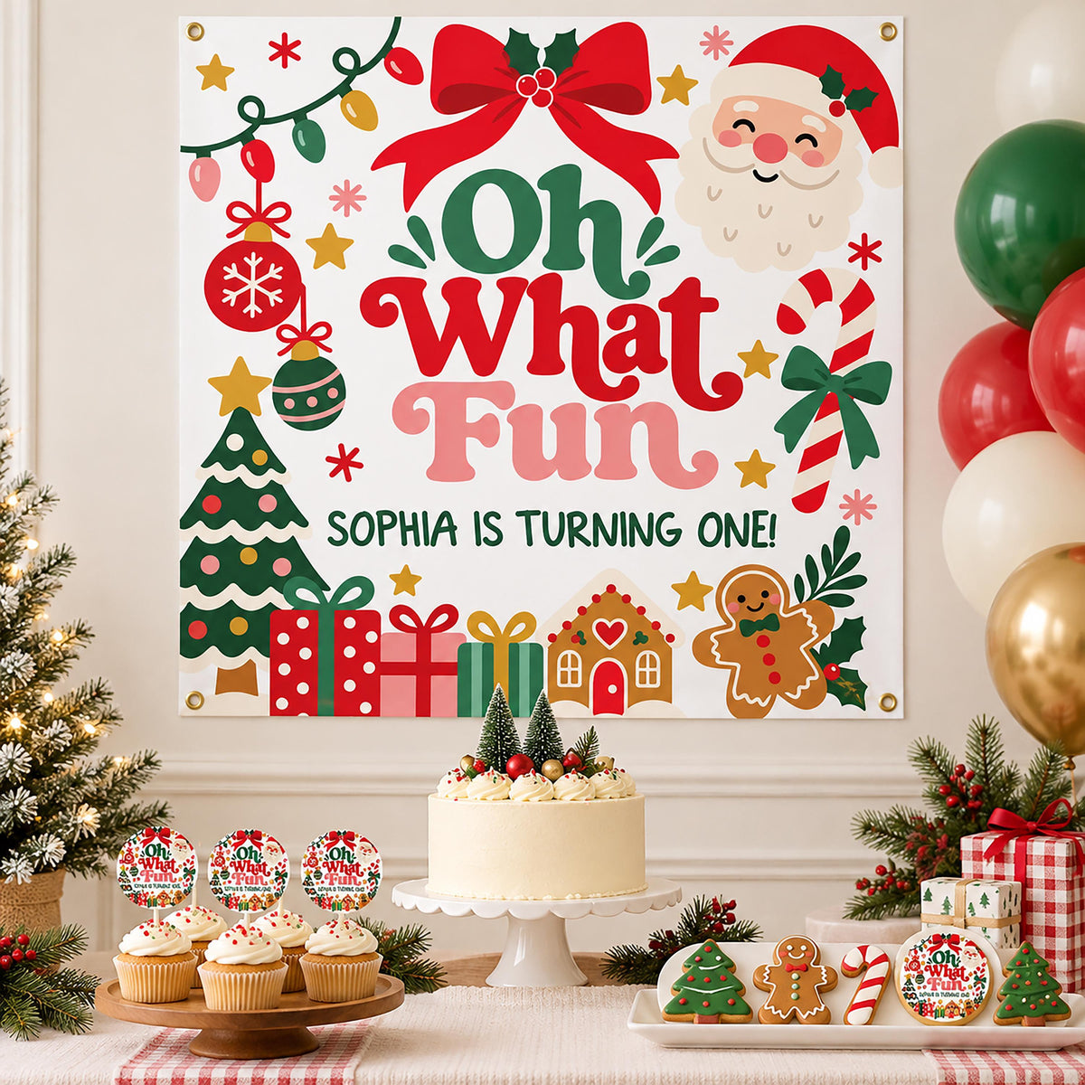 Custom Christmas Party Banner and Labels, Holiday Birthday Tapestry, Custom Favor Tags, Winter Wonderland Party Sign