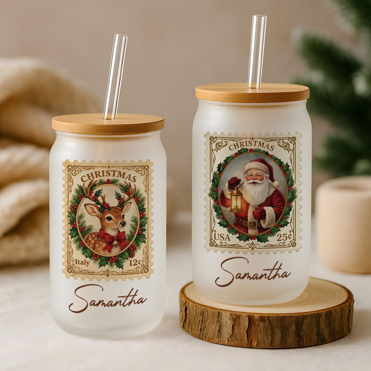 Personalized Christmas Stamp Glass Can Tumbler, Custom Name Santa Reindeer Iced Coffee Cup