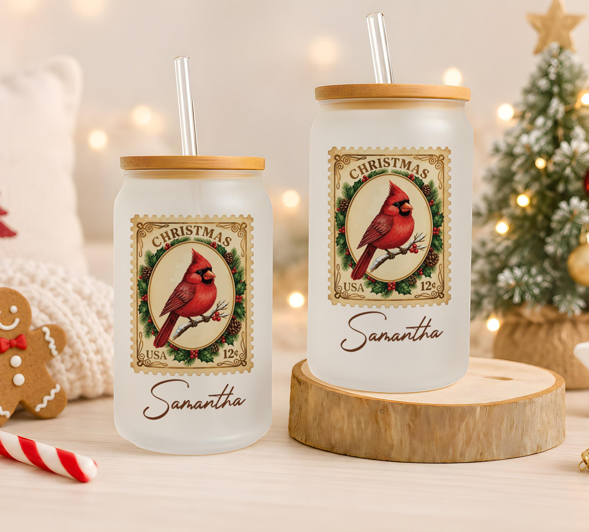 Personalized Christmas Stamp Glass Can Tumbler, Custom Name Santa Reindeer Iced Coffee Cup
