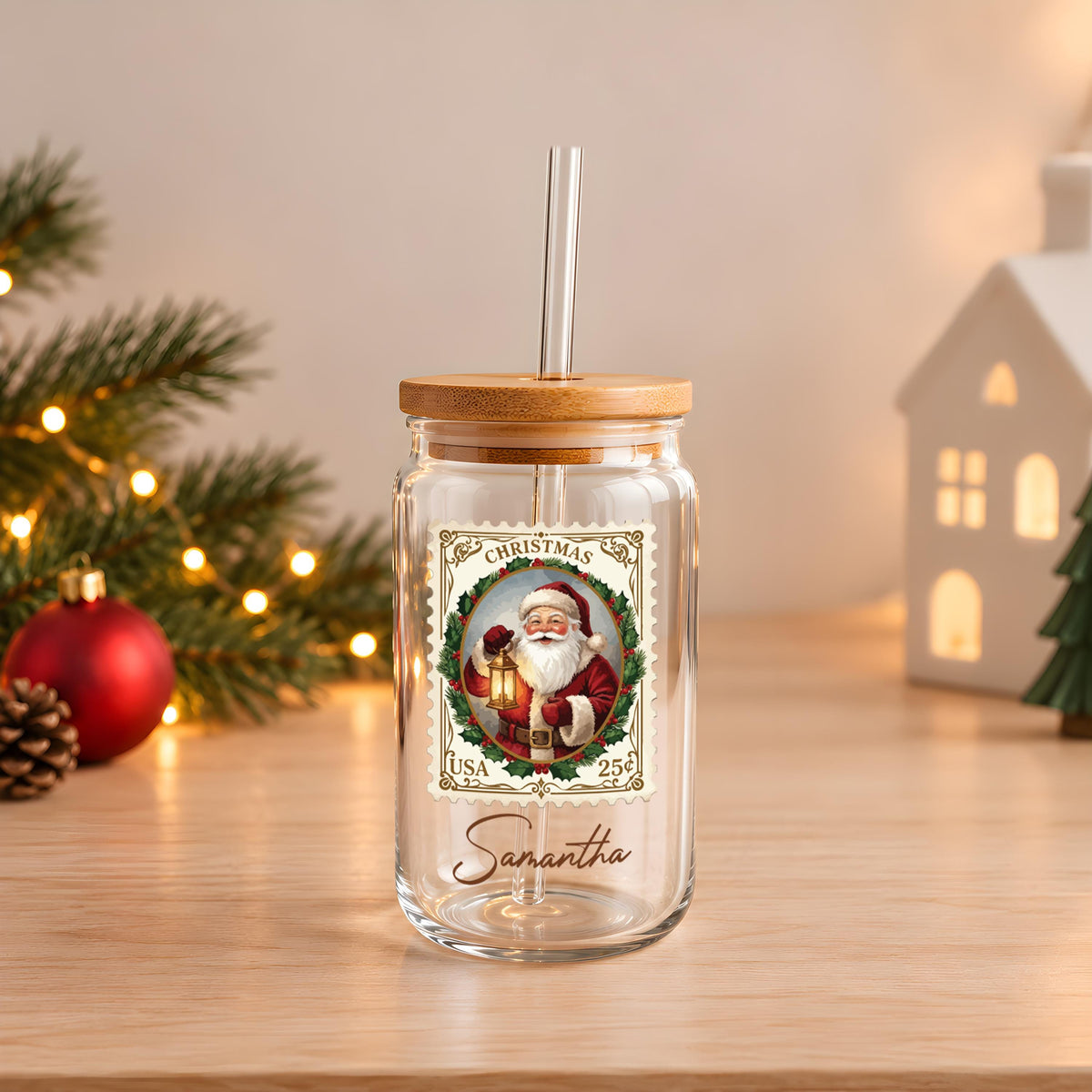 Personalized Christmas Stamp Glass Can Tumbler, Custom Name Santa Reindeer Iced Coffee Cup
