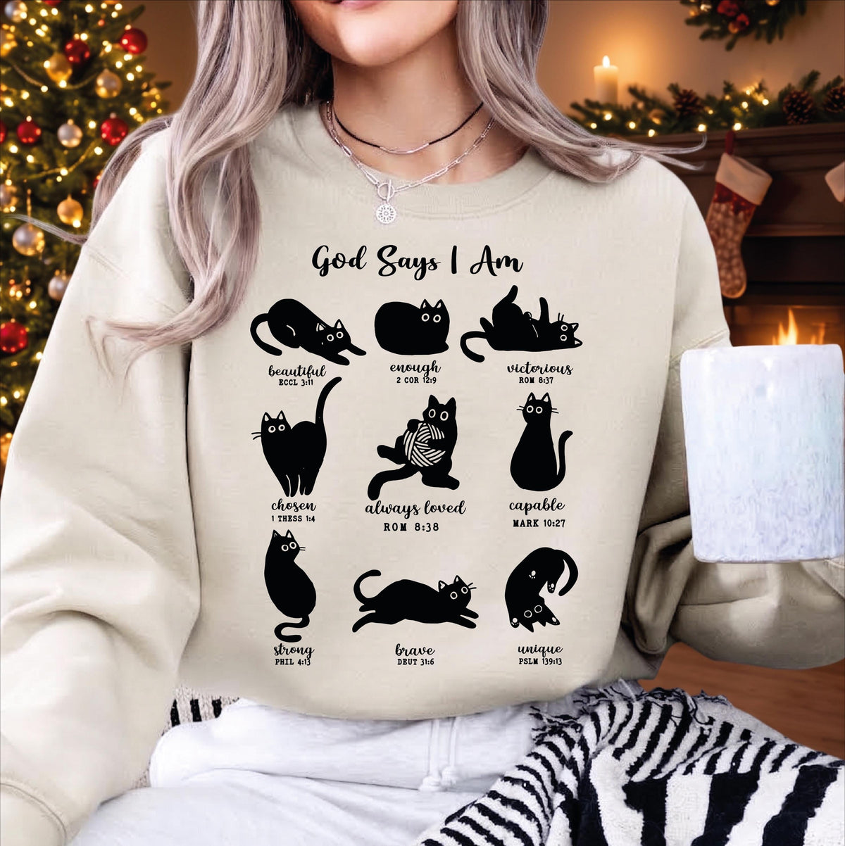 God Says I Am Christian Cat Sweatshirt, Bible Verse Black Cat Sweater