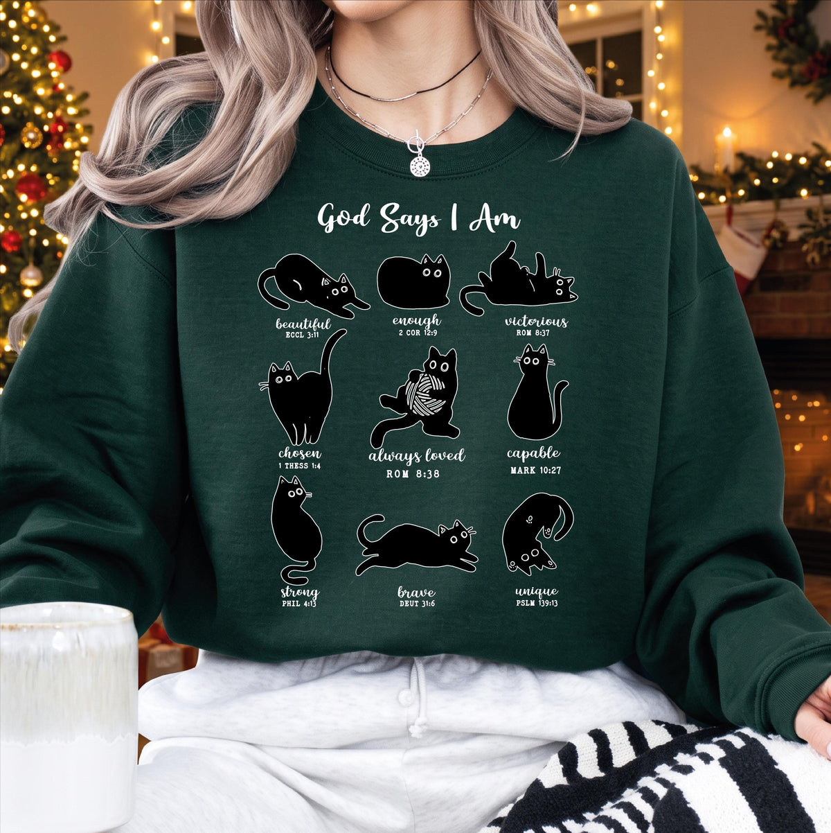 God Says I Am Christian Cat Sweatshirt, Bible Verse Black Cat Sweater