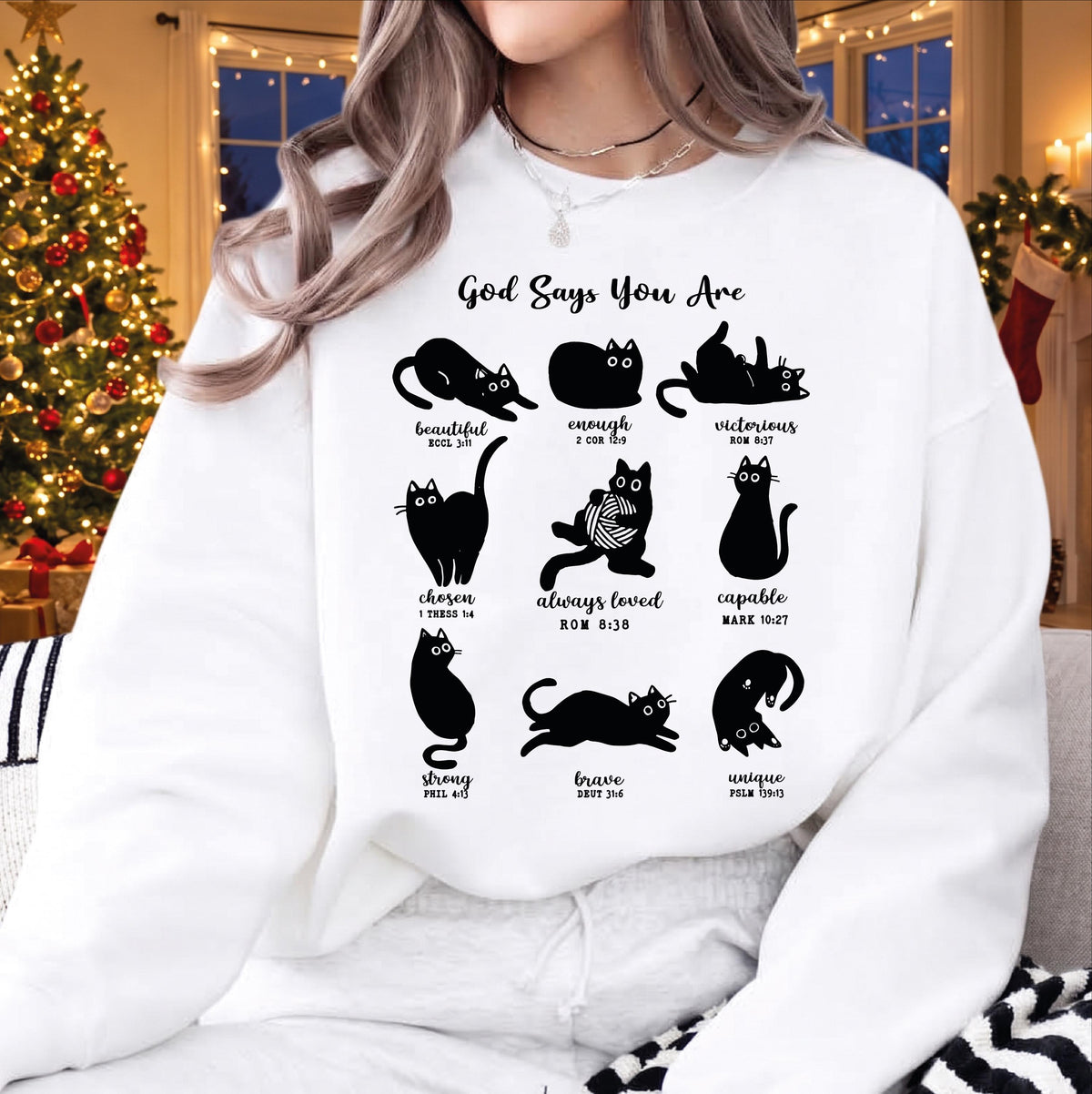 God Says I Am Christian Cat Sweatshirt, Bible Verse Black Cat Sweater