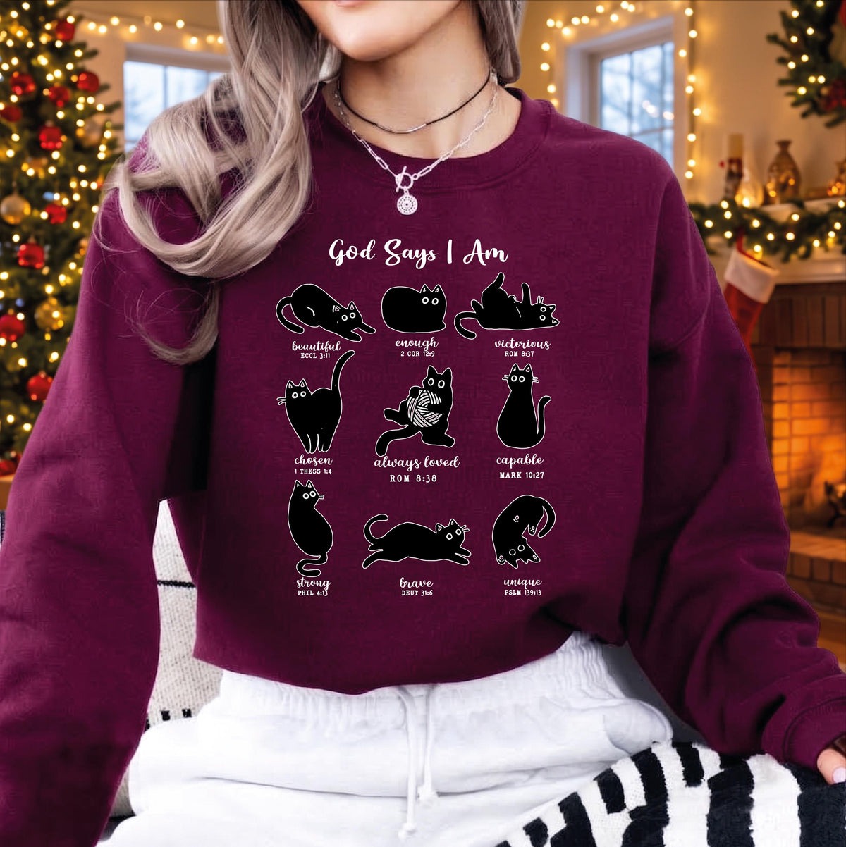 God Says I Am Christian Cat Sweatshirt, Bible Verse Black Cat Sweater