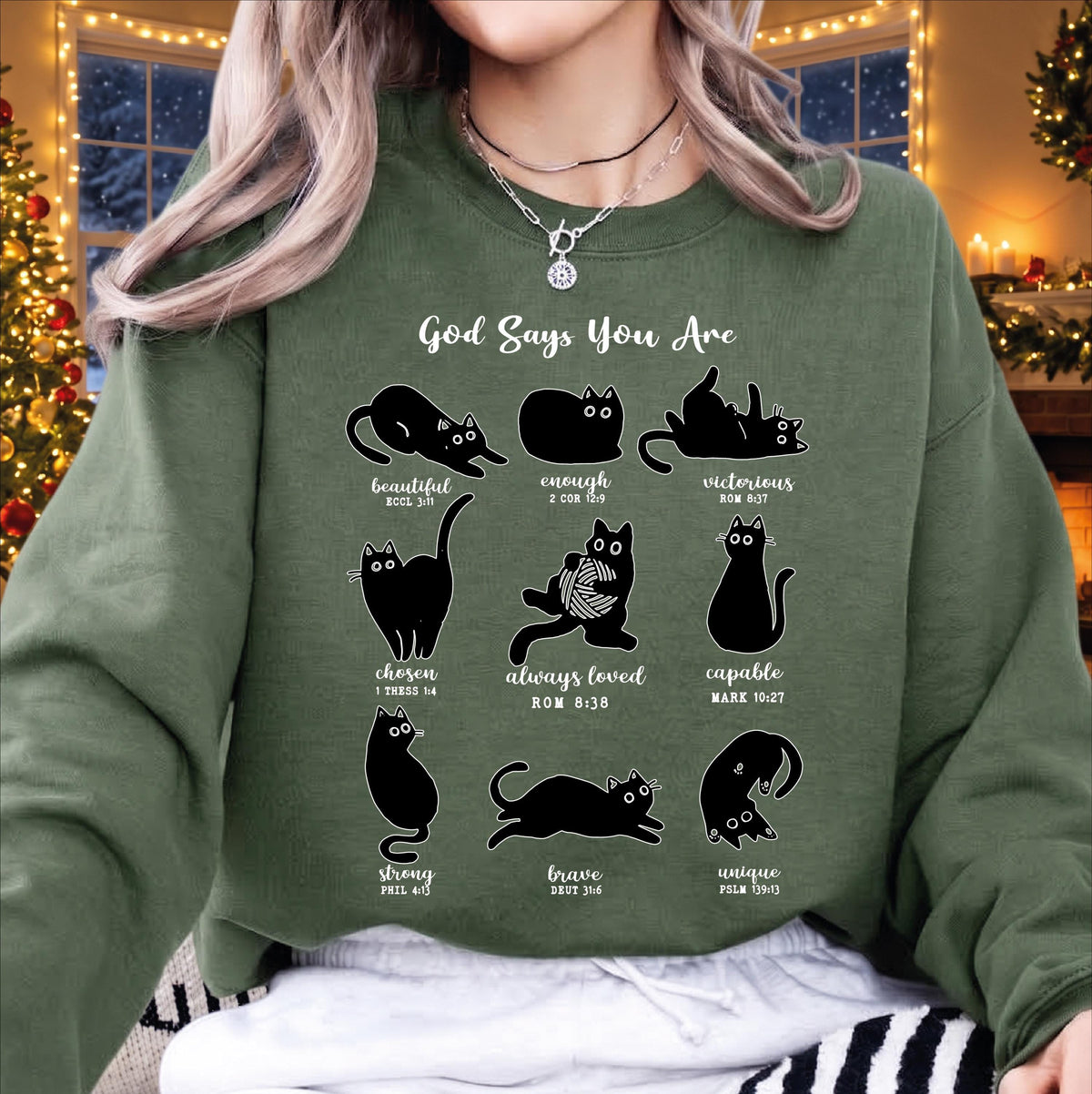 God Says I Am Christian Cat Sweatshirt, Bible Verse Black Cat Sweater