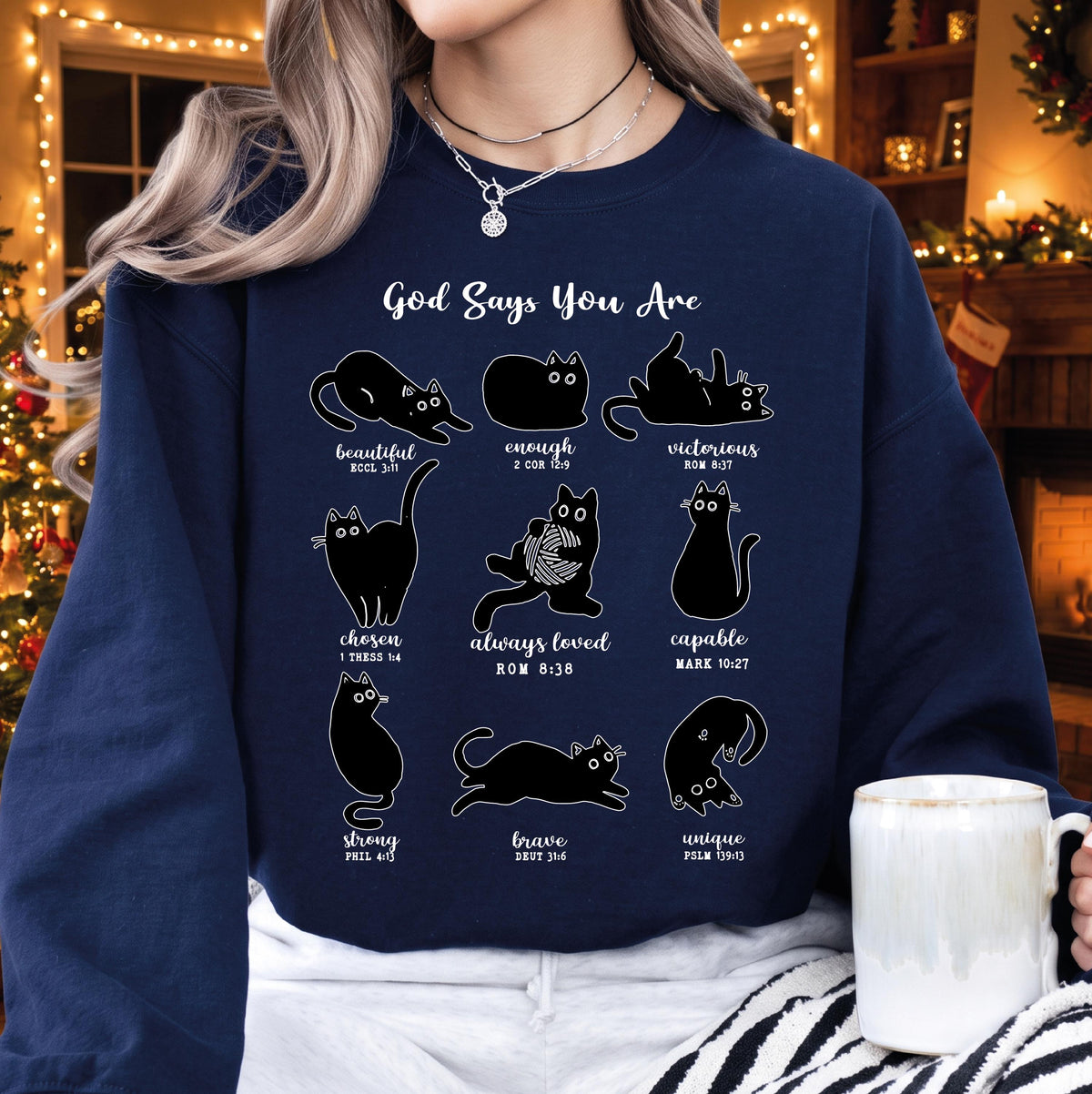 God Says I Am Christian Cat Sweatshirt, Bible Verse Black Cat Sweater