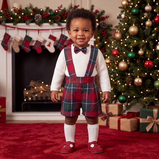 Baby Boy Christmas Knit Sweater and Plaid Shorts Set with Bow Tie, Newborn Christmas Gift