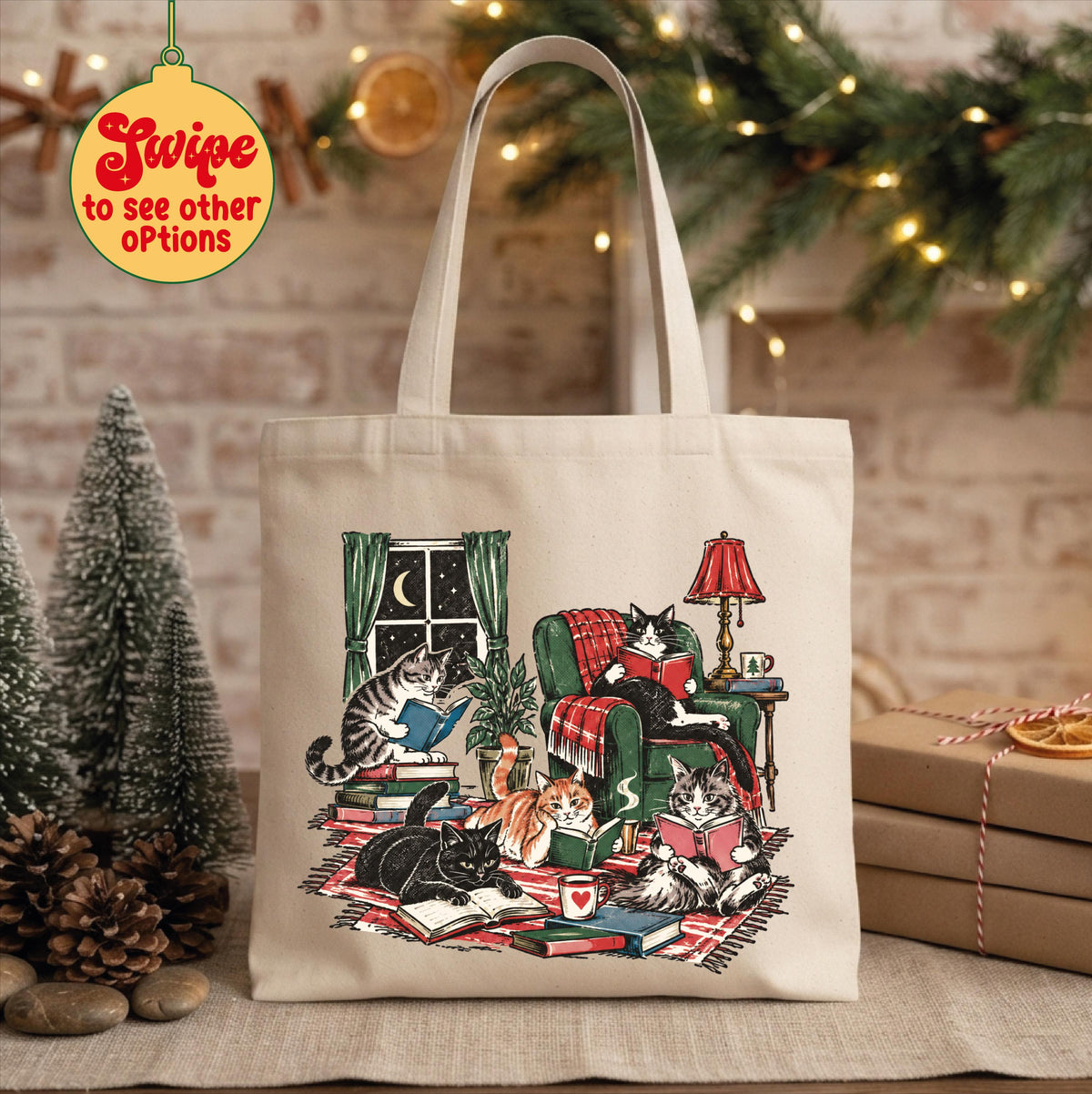 Vintage Reading Cats Tote Bag, Cozy Book Lover Canvas Bag