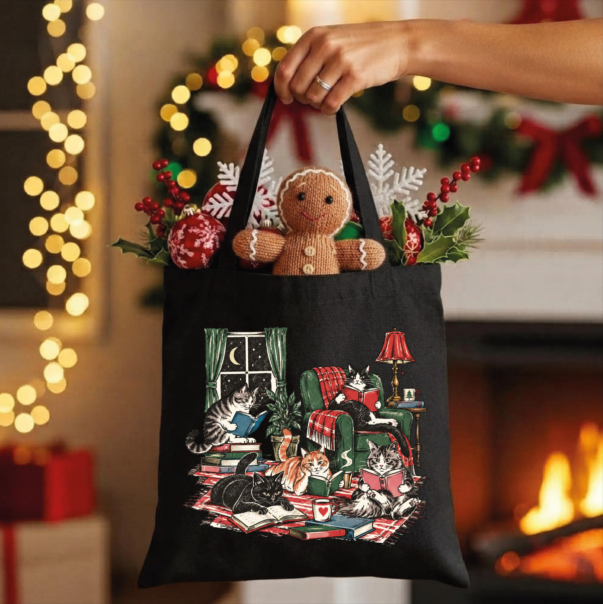 Vintage Reading Cats Tote Bag, Cozy Book Lover Canvas Bag