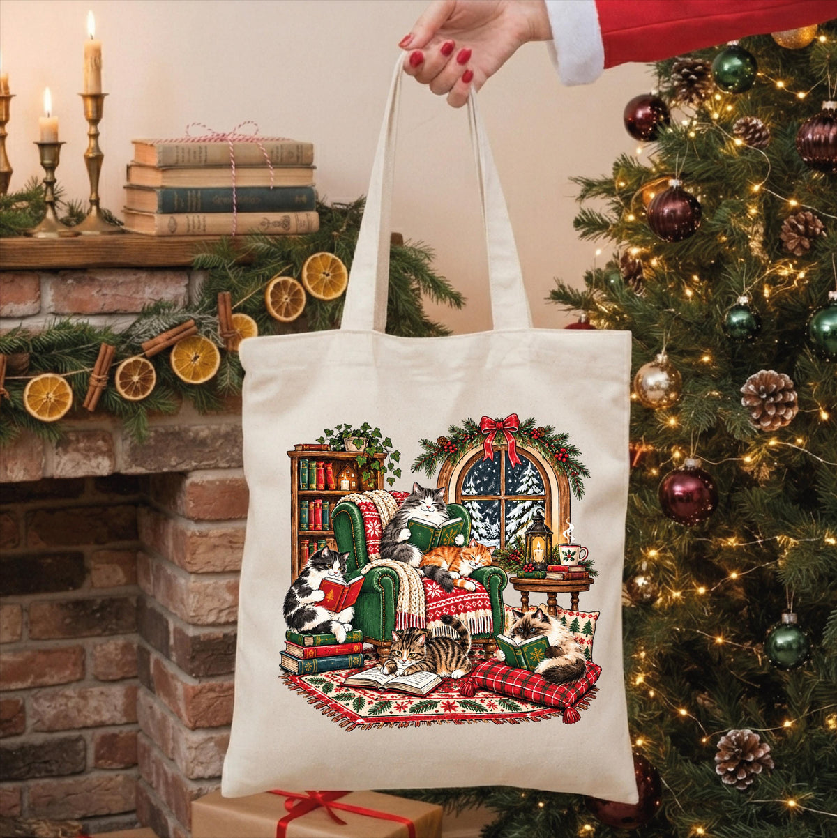 Vintage Reading Cats Tote Bag, Cozy Book Lover Canvas Bag
