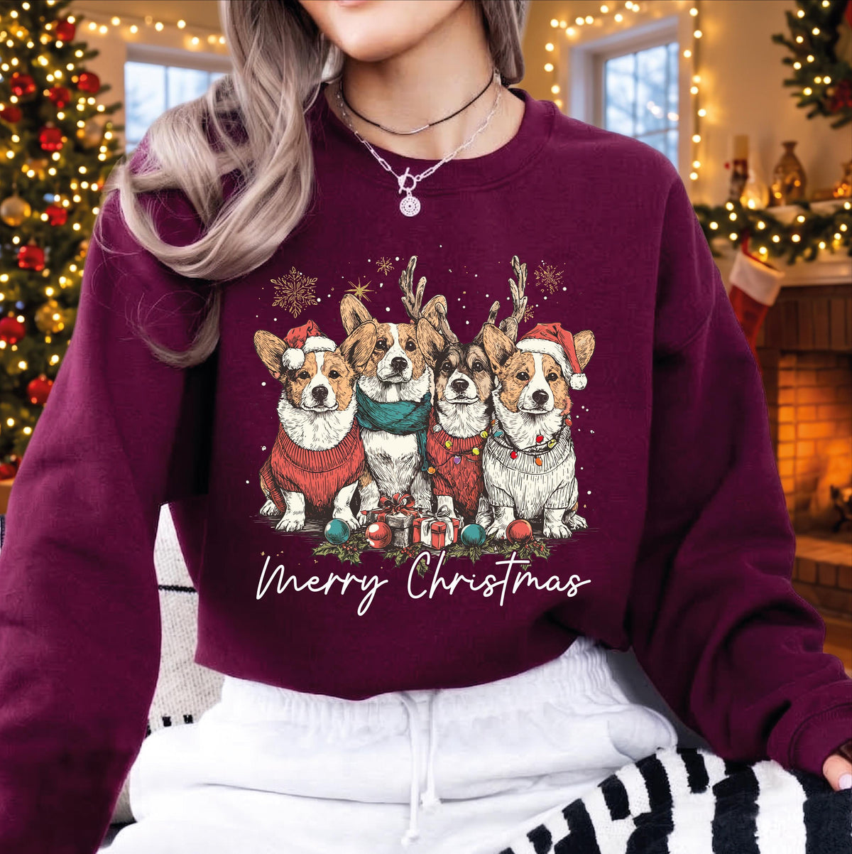 Corgi Christmas Sweatshirt, Merry Christmas Reindeer Corgi Dog Sweater