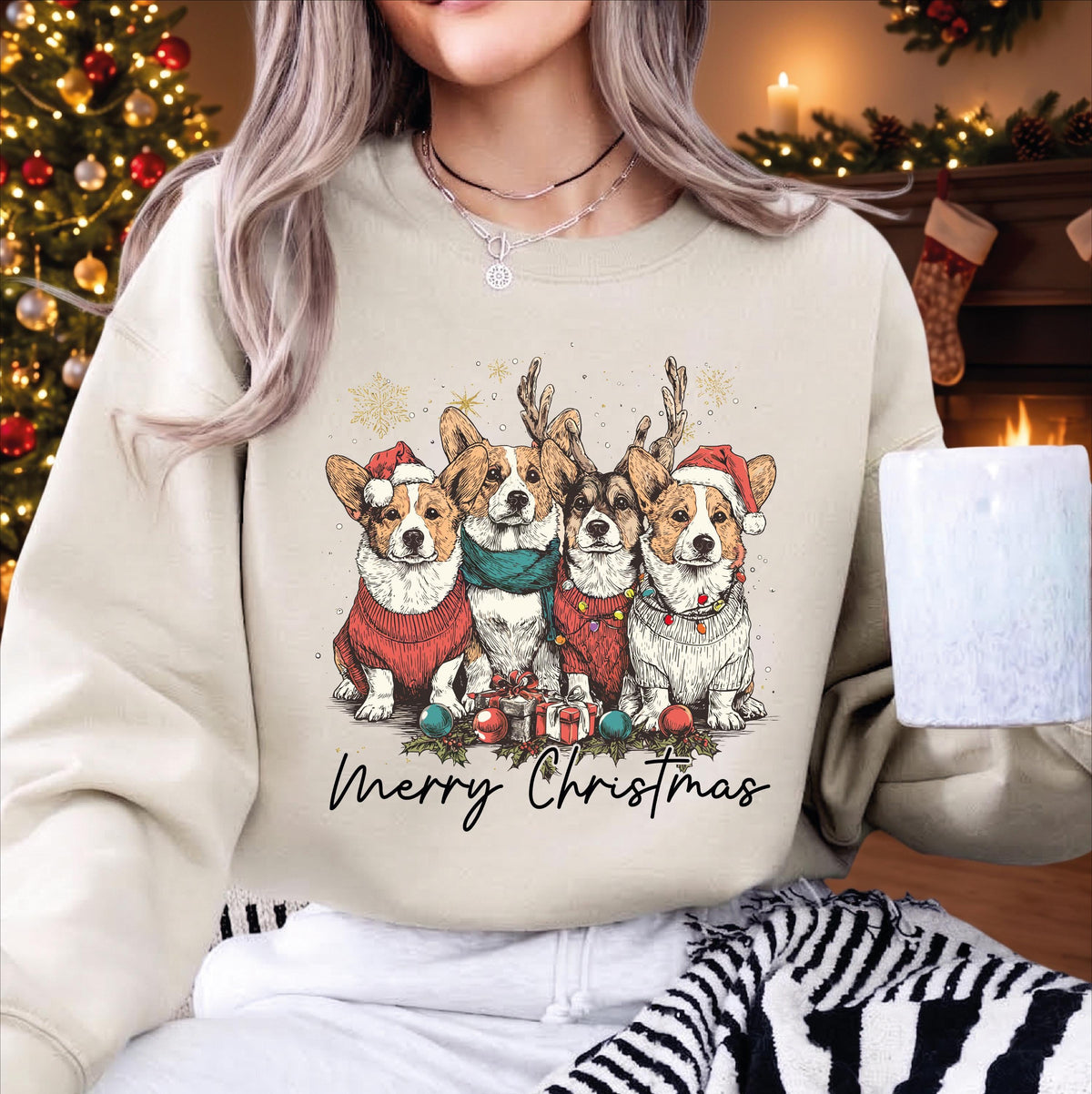 Corgi Christmas Sweatshirt, Merry Christmas Reindeer Corgi Dog Sweater