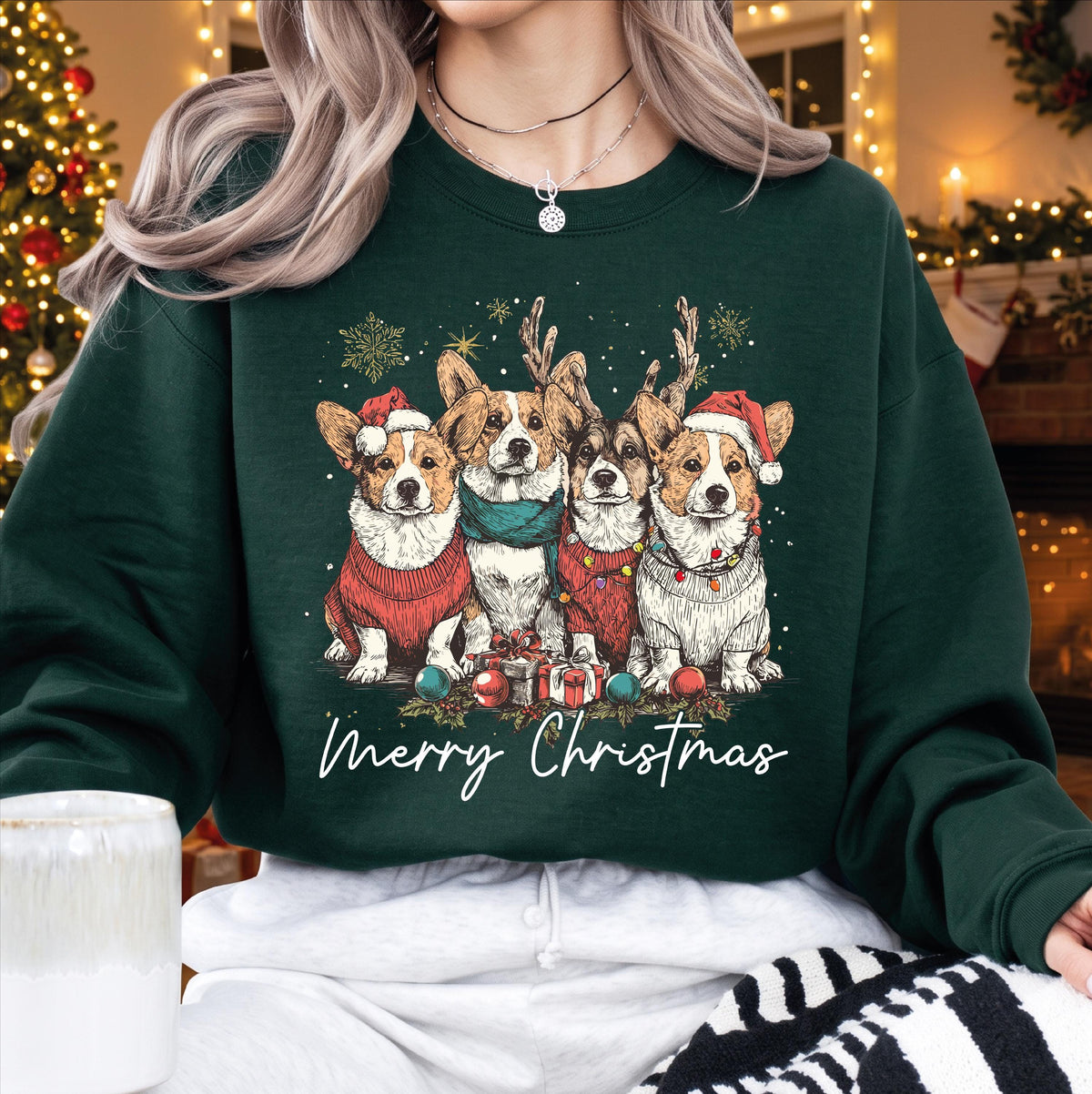 Corgi Christmas Sweatshirt, Merry Christmas Reindeer Corgi Dog Sweater