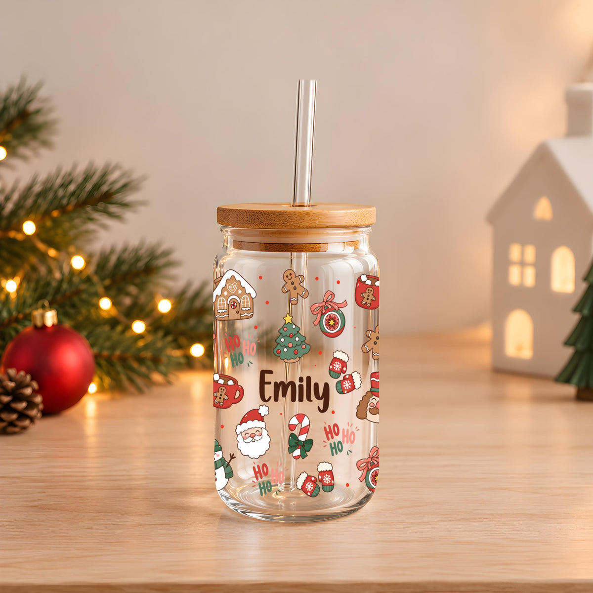 Personalized Christmas Frosted Glass Can Tumbler, Custom Name Santa Snowman Dog Cup